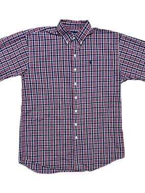 Ralph Lauren Plaid Blue & Red Short Sleeve Vintage Button Up Shirt, Men's XL
